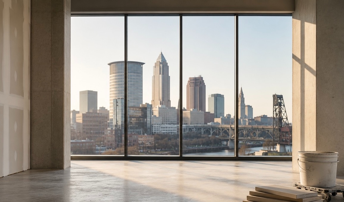 Cleveland skyline seen through the windows of a construction site ready for final cleaning